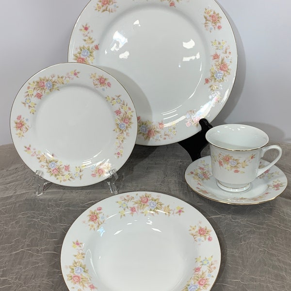 Vintage Pink Roses & Blue Floral Pattern | Choose From: Dinner Plate, Bread/Butter, Soup Bowl, Saucer Or Cup/Saucer