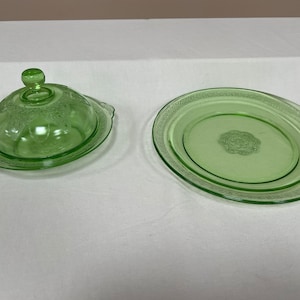 Vintage Georgian Lovebirds Green by FEDERAL GLASS | Choose From: Dinner Plate Or Round Covered Butter Dish