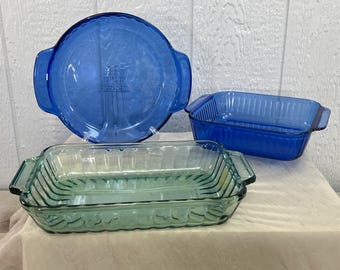 Vintage Kitchen Ware | Choose From: Anchor Cobalt Fluted 9" Pie Plate, Pyrex Cobalt 222-S Sculpted 8 x 8-2 Qt., Anchor Green 9 x 13-3 Qt.