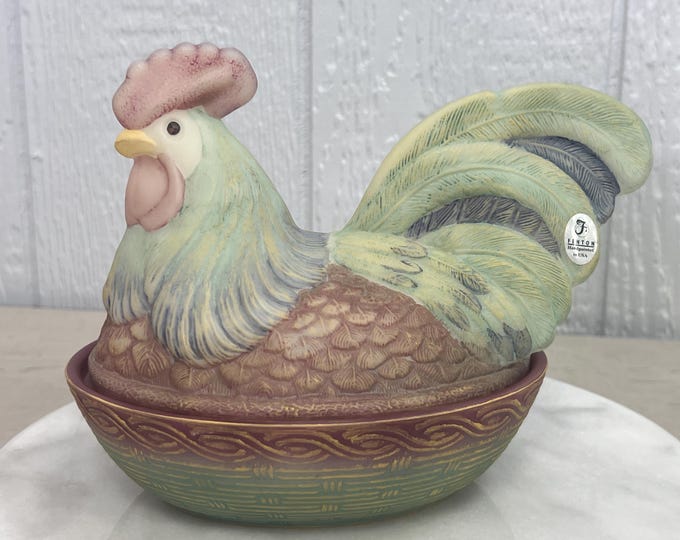 Featured listing image: Rare Vintage Fenton Folk Art Glass Hand-Painted 2-Piece Hen on Nest I Artist Signed Angela Van Zile