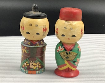 Vintage Kokeshi Doll Asian Oriental Boy and Girl Salt & Pepper Shakers Japan