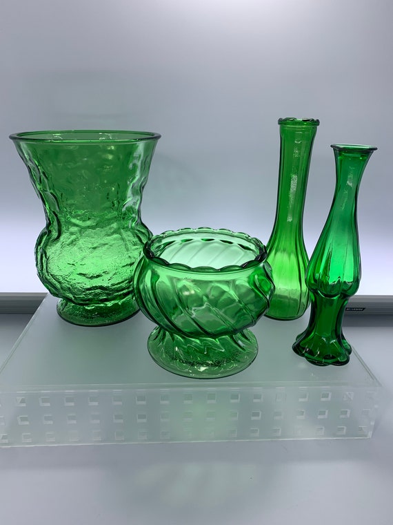 Vintage Green Glass Vase | Choose From: E.O. Brody Crinkle Cut Vase, Paneled Bud Vase, Avon Bud Vase, Or Swirled Rib Bowl Vase