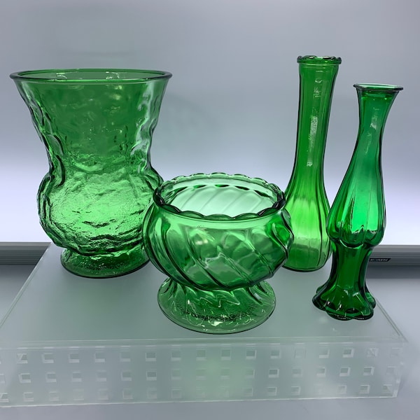 Vintage Green Glass Vase | Choose From: E.O. Brody Crinkle Cut Vase, Paneled Bud Vase, Avon Bud Vase, Or Swirled Rib Bowl Vase