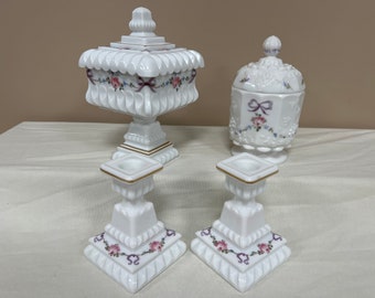 Westmoreland Hand Painted Milk Glass | Choose From: Square Floral Compote, Round Paneled Grape Candy Dish, Or Taper Candlestick Holder