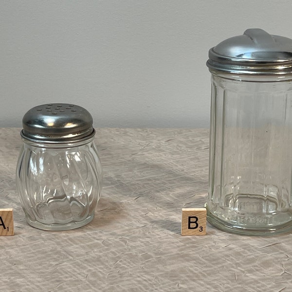 Vintage Clear Glass Shakers w/Metal Screw on Lid | Choose From: Swirl Cheese/Red Pepper Shaker Or Ribbed Sugar Shaker