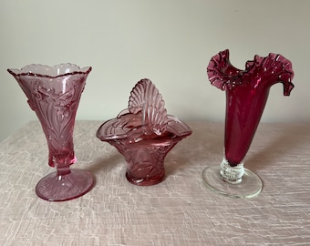 Art Glass Vase | Choose From: Fenton Glass Dusty Rose Daffodil Vase, Tiara Glass Bird Basket, Or Puritan Glass Cranberry Cased Vase