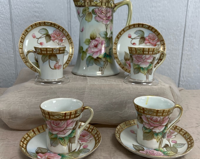Antique Nippon Hand Painted Pink Roses w/Gold Gilding 10-Piece Chocolate Set | Set Include: 4 Cups, 4 Saucers, Chocolate Pot & Lid
