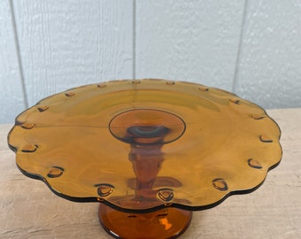 Indiana Glass Teardrop Pattern Amber Glass Cake Stand | Wedding Decor | Circa 1950s | Scalloped Edge