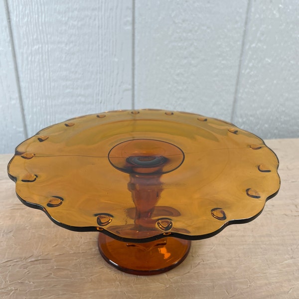 Indiana Glass Teardrop Pattern Amber Glass Cake Stand | Wedding Decor | Circa 1950s | Scalloped Edge