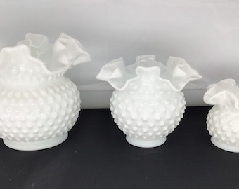 Vintage Fenton Milk Glass Hobnail Vase | Choose From: 3 Different Sized Fenton Hobnail Rose Bowl Vases | Double Crimped Edge