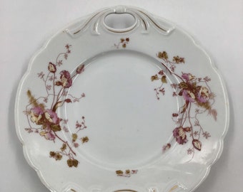 Antique PH Leonard Vienna Austria Hand Painted Porcelain 2-Handled Round Pink/Yellow Floral Scalloped Cake Plate | Gold Gilded | Late 1800s