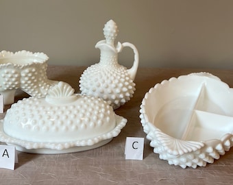 Vintage Fenton Hobnail Milk Glass | Choose From: Oval Covered Butter, 5" Handled Cruet, 12" Oval 3-Part Relish, Or Slipper Candy Box