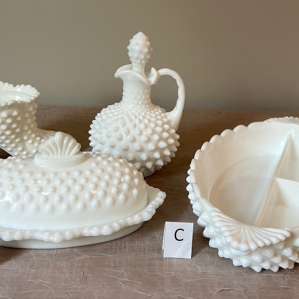 Vintage Fenton Hobnail Milk Glass | Choose From: Oval Covered Butter, 5" Handled Cruet, 12" Oval 3-Part Relish, Or Slipper Candy Box