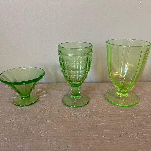 Vintage Green Uranium Glassware | Choose From: Hazel Atlas Colonial Block Iced Tea, Federal Glass Sundae Cups, Or Oversized Parfait Cup
