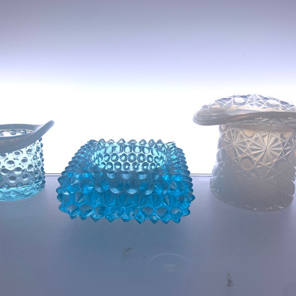 Fenton Art Glass | Choose From: Small Blue Opalescent Top Hat, Blue Square Spiky Hobnail Open Salt, Opalescent Daisy & Button Top Hat