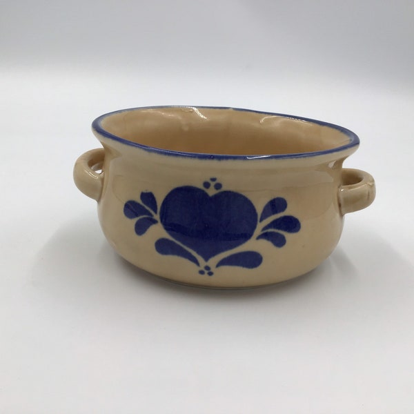 NCE 1986 Vintage Blue Tan Brown Heart Bowl Double-Handled Crock | Tan and Blue