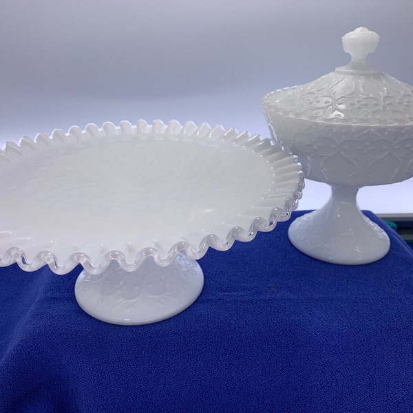 Fenton Silver Crest Spanish Lace Glass | Choose From: Ribbon Edge Cake Plate Or Lidded Pedestal Candy Jar