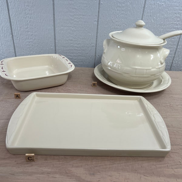 Vintage Longaberger Pottery Woven Traditions Hostess | Choose From: Traditions Red 8x8 Baker, Ivory Tureen Set, Or Ivory 9x13 Baking Sheet