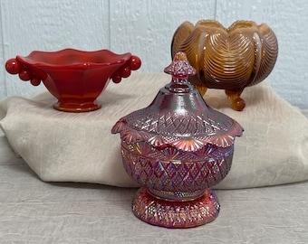 Vintage Fenton Glass | Choose From: Iridized Red Pagoda Candy Box, Amber Cameo 3-Legged Drapery Curtain Rose Bowl, Or Mandarin Red Sherbet