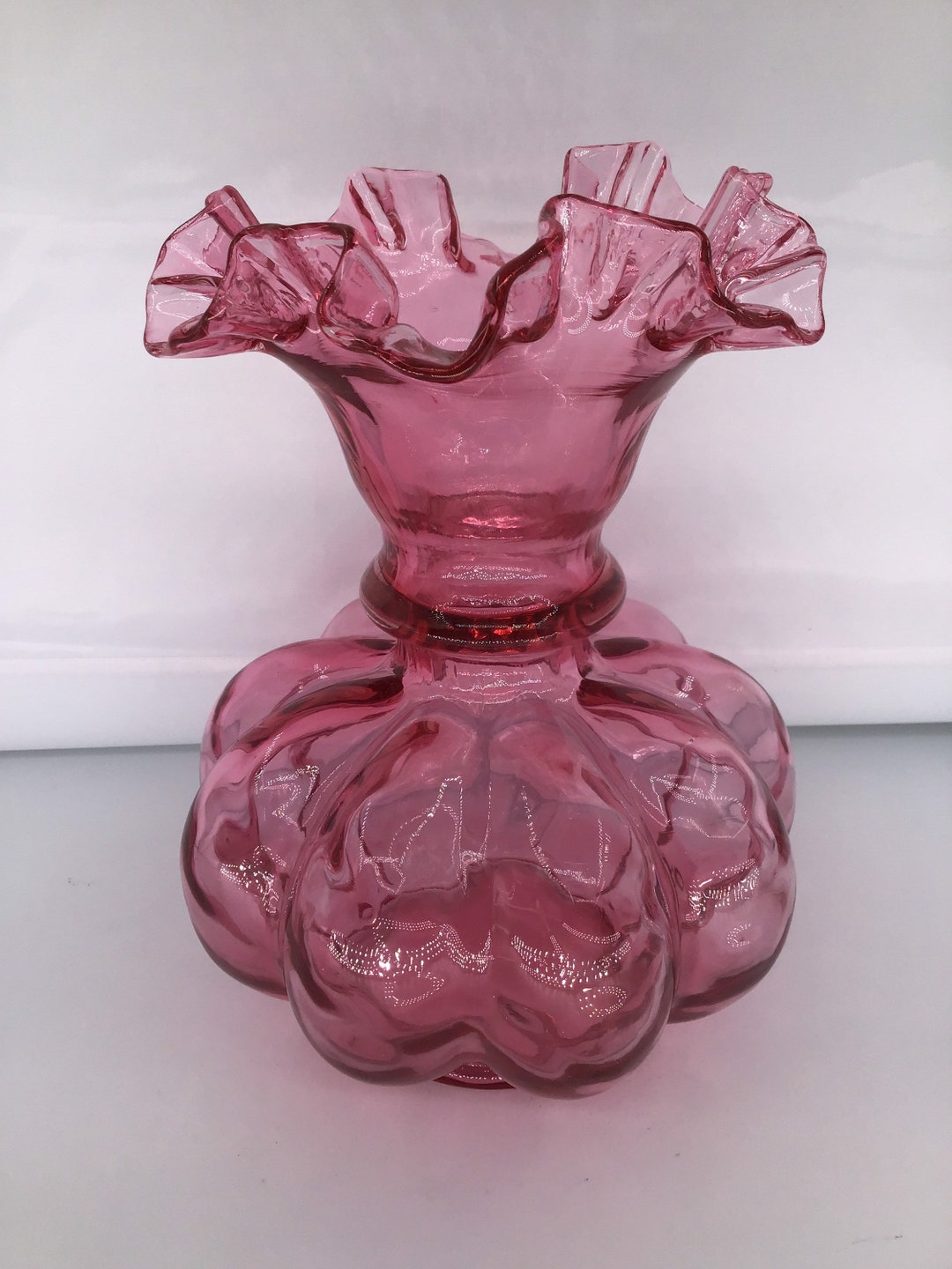 フェントン/Fenton クランベリーピンク 花瓶 Vase アートガラス 美品 Fenton Art Glass Pink Cranberry Opalescent HOBNAIL Crimped