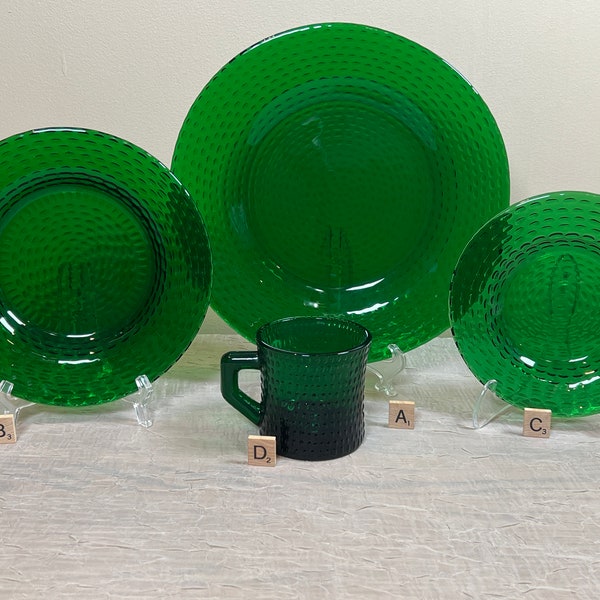 Vintage Emerald Green Oval Hobnail Mid-Century Glass Dinnerware | Choose From: Dinner Plate, Salad Plate, Dessert Plate, Or Flat Cup