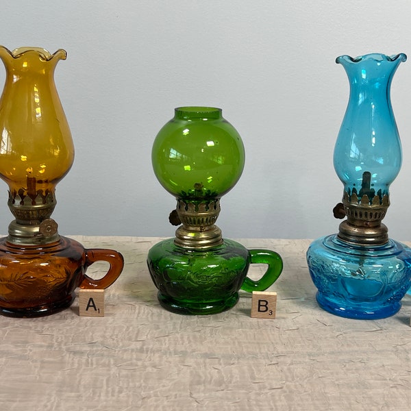 Vintage Glass Oil Finger Lamp Embossed Fruit Pattern Marked Made In Hong Kong | Choose From: Amber, Green, Or Teal Blue