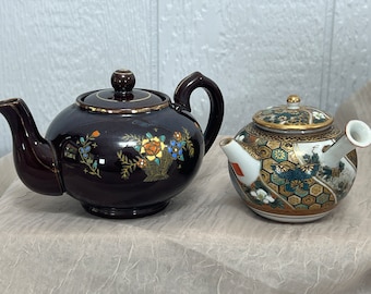 Vintage Japanese Teapot | Choose From: Brown Teapot w/Enamel Floral Design Or Gold Gilded Kutani-Ware Colored Porcelain Floral Pattern Kyusu