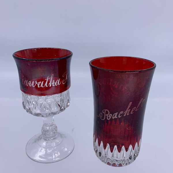 Vintage Ruby Red Stained Souvenir Pressed Glass Shot Glass | Choose From: 1893 World's Fair Shot Glass Or Hiavatha Park Stemmed Goblet