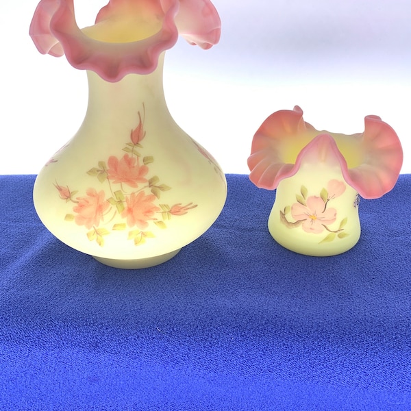 Fenton Hand-Painted Ruffled and Crimped Burmese Glass | Choose From: Bud Vase Or Top Hat Vase