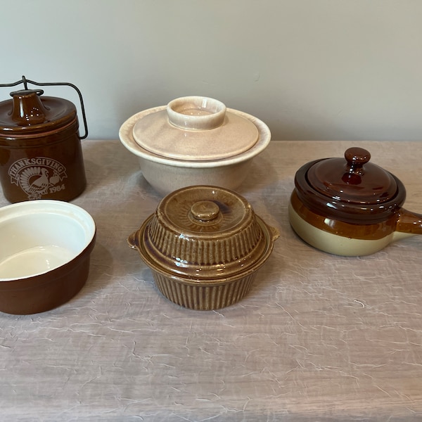 Vintage Brown Ware | Choose From: Hall725 Baking Dish, USA Covered Ramekin, Beige Hull Oven-Proof Baker, Handled Pots w/Lid, Or Lidded Crock