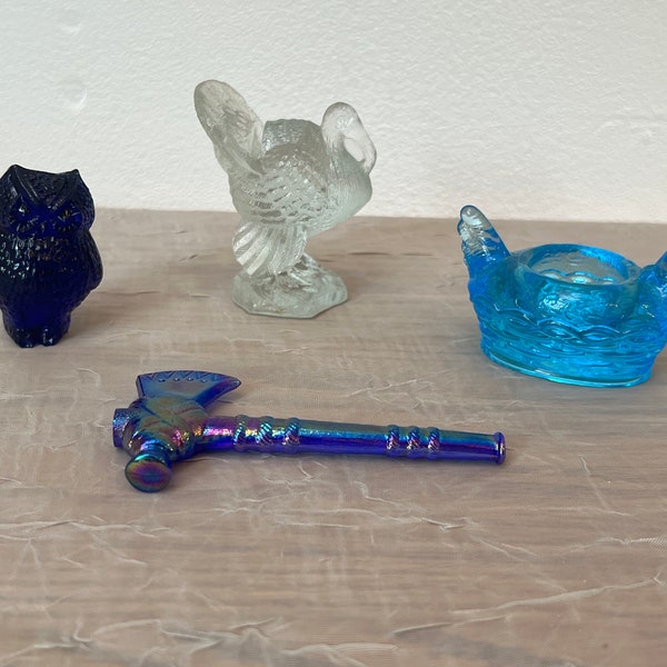 Glass Figural Objects | Choose From: Cobalt Blue Owl, Blue Hen On Nest Salt Cellar, Carnival Blue Tomahawk, Or Clear Turkey Card Placeholder