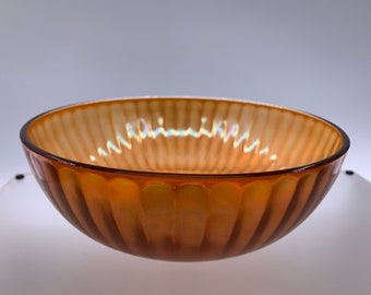 Vintage 8" Iridescent Rainbow Marigold Carnival Glass Ribbed Serving Bowl