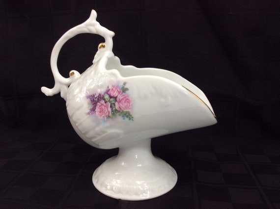 Vintage Victorian Porcelain Pedestal Sugar Scuttle With Pink Roses /& Gold Gilded Handle