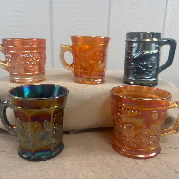 Antique Carnival Glass Mugs | Choose From: Beaded Dugan Grape, Northwood Singing Birds, Dugan Fisherman, Or Imperial Robin