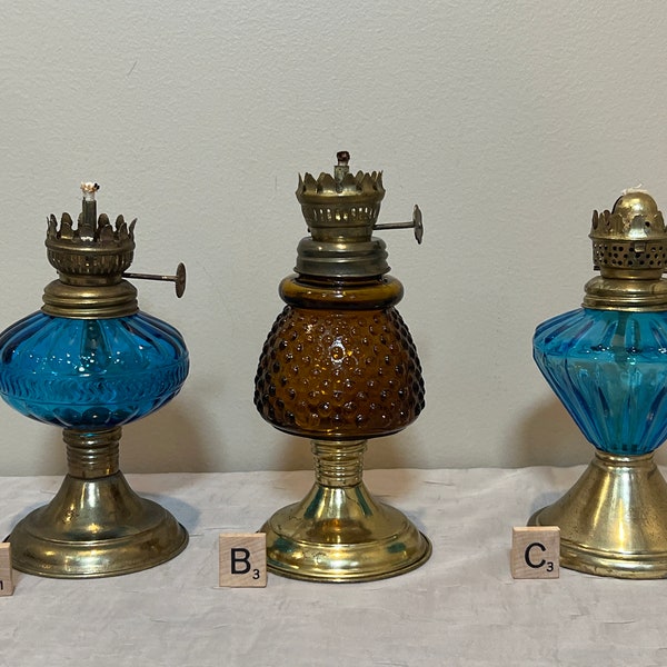 Miniature Oil Lamp - No Shades | Choose From: Aqua Blue Round, Amber hobnail, Or Aqua Blue Stretch