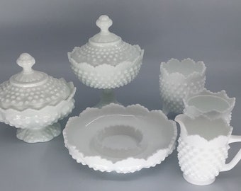 Fenton Sawtooth Hobnail White Milk Glass | Footed with Lid Candy Dish/Footed With Lid Compote/3-Footed Vase/Cream & Sugar/Large Ashtray