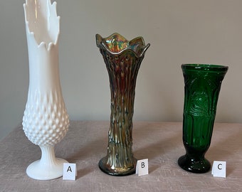 Vintage Vase | Choose From: White Hobnail Milk Glass Stretch Vase, Unmarked Northwood Tree Trunk Stretch Vase, Or Green Pressed Glass Vase