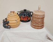 Vintage Cookie Jar Choose From McCoy Cookie Churn, Honour Bear Beehive Jar, Or Old Black Bean Pot w Fruit Motif