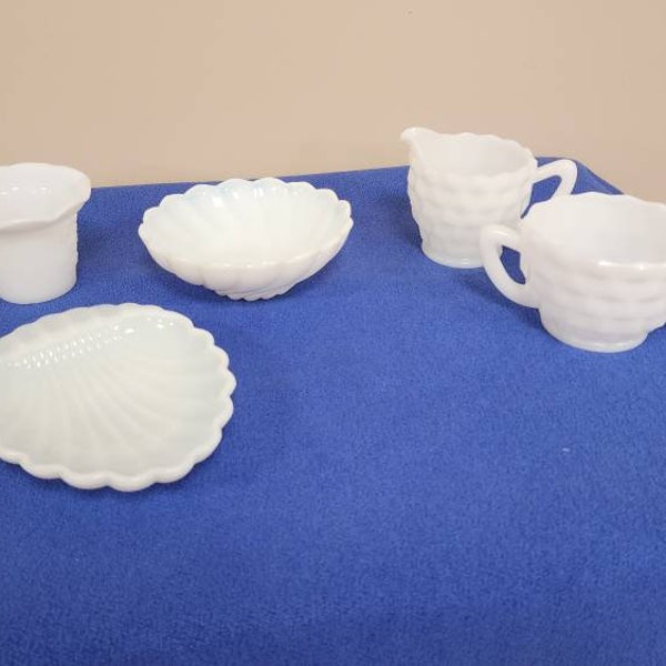 Vintage Milk Glass | Choose From: Hazel Atlas Alpine White Dessert Bowl, Floral Votive Cup, Hazel Atlas Cubist Cream/Sugar, Or Shell Tray