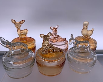 Vintage Jeannette Glass Powder/Trinket Jar | Various Colors | Choose From: Fawn/Deer, Scottie Dog, Poodle, Elephant, Or Donkey