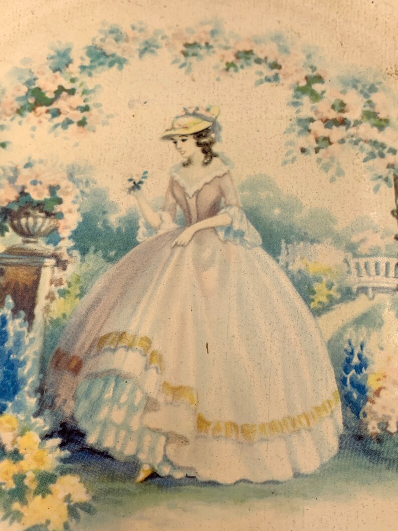May include: A watercolor painting of a woman in a white dress with a yellow hat standing in a garden. The woman is holding a flower in her hand. The garden is filled with flowers and greenery.