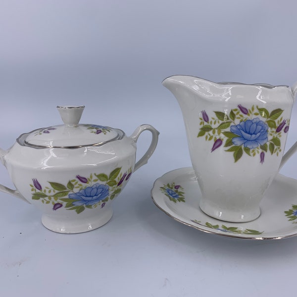 Vintage CMIELOW Porcelain Floral Platinum Rim Lidded Sugar & Creamer w/Saucer Set | Made in Poland