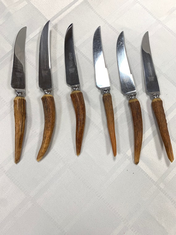 Set of 6 english rustic horn handled stainless steel steak knives