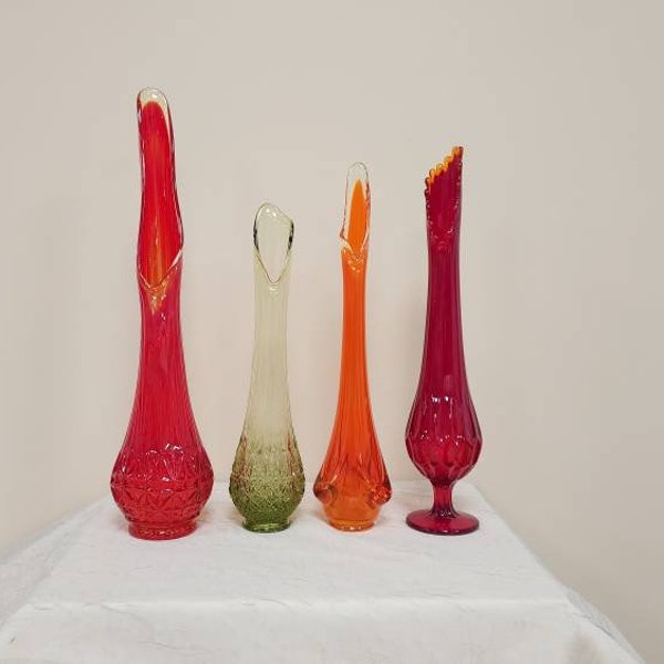 MCM Art Glass Swung Bud Vase | Choose From: LE Smith Amberina, Fenton Fine Cut & Block, Viking Persimmon Drape, Or Fenton Ruby Thumbprint