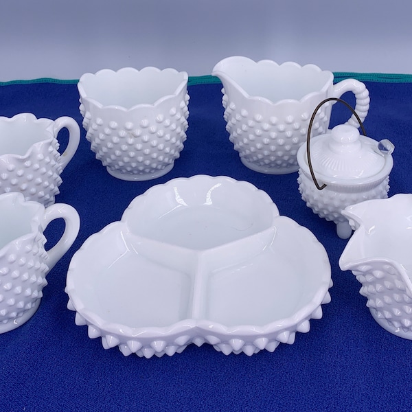 Fenton Hobnail White Milk Glass Serving Pieces | Choose From: 3-Part Relish, Mustard Kettle, Crimped Cream/Sugar, Or Scalloped Cream/Sugar