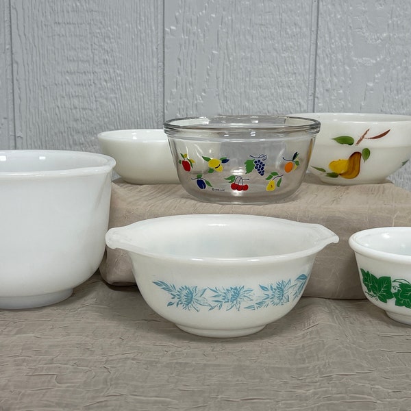 Vintage Glass Bowls | Choose From:Hazel Atlas Ivy, GlasBake Blue Thistle, Anchor-Fruit, Glasbake-Sunbeam, FireKing Fruit, Or Pryex Tableware