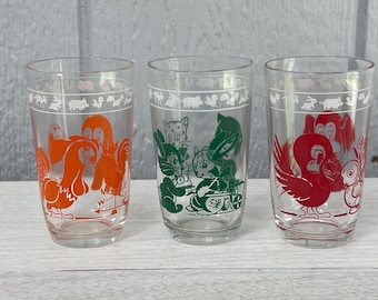 Vintage Kraft Swanky Swigs Kiddie Kups | Choose From: Orange Chicken/Dog, Green Rabbit/Kitten, Or Red Elephant/Chicks