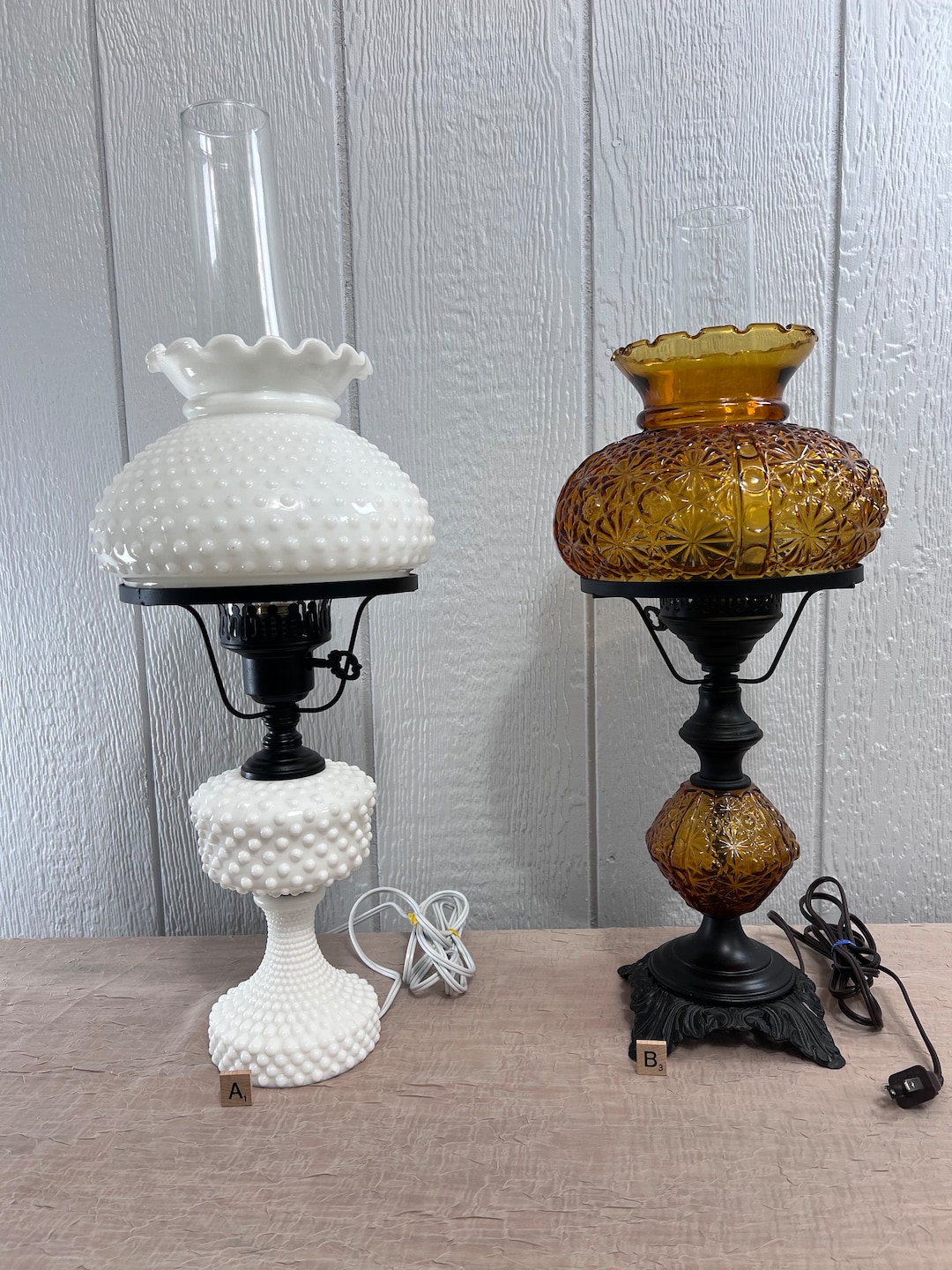 Vintage Hurricane Glass Lamp | Choose From: Milk Glass Hobnail or Amber ...