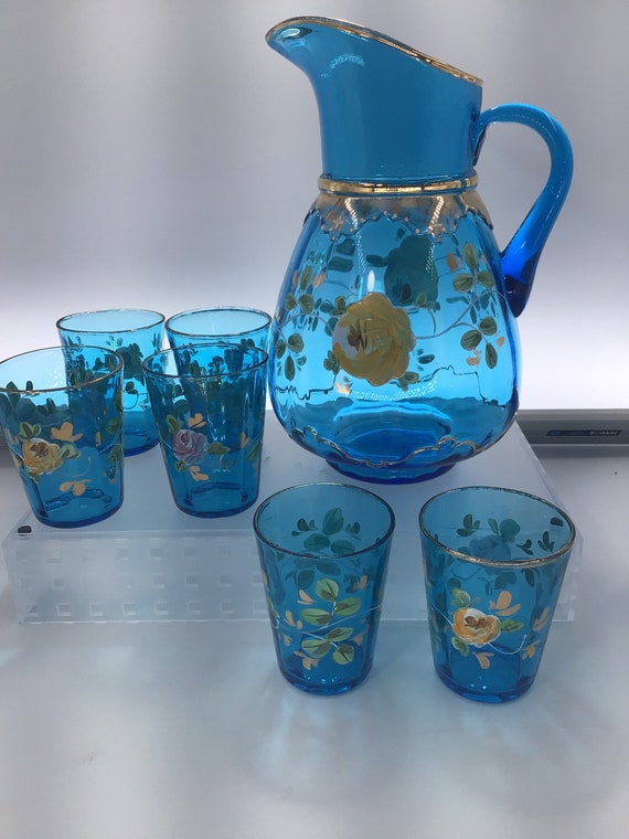 Vintage Hand Painted Pitcher & Glass Set Aqua Blue W/6 Drinking Cups I Pink  and Yellow Roses 