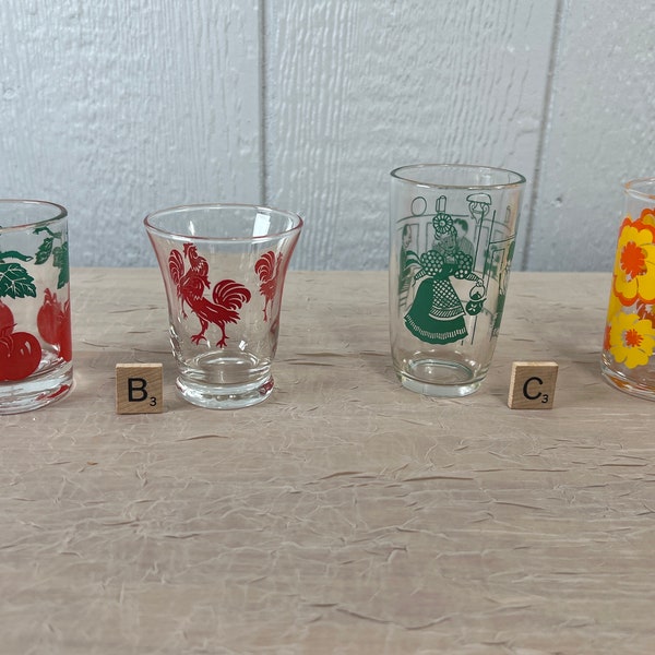 Vintage Mid-Century Multi-Color Drinking Glasses | Choose From: Red Tomato, Red Rooster, Green Bustling Betsy, Or Orange/Yellow Floral